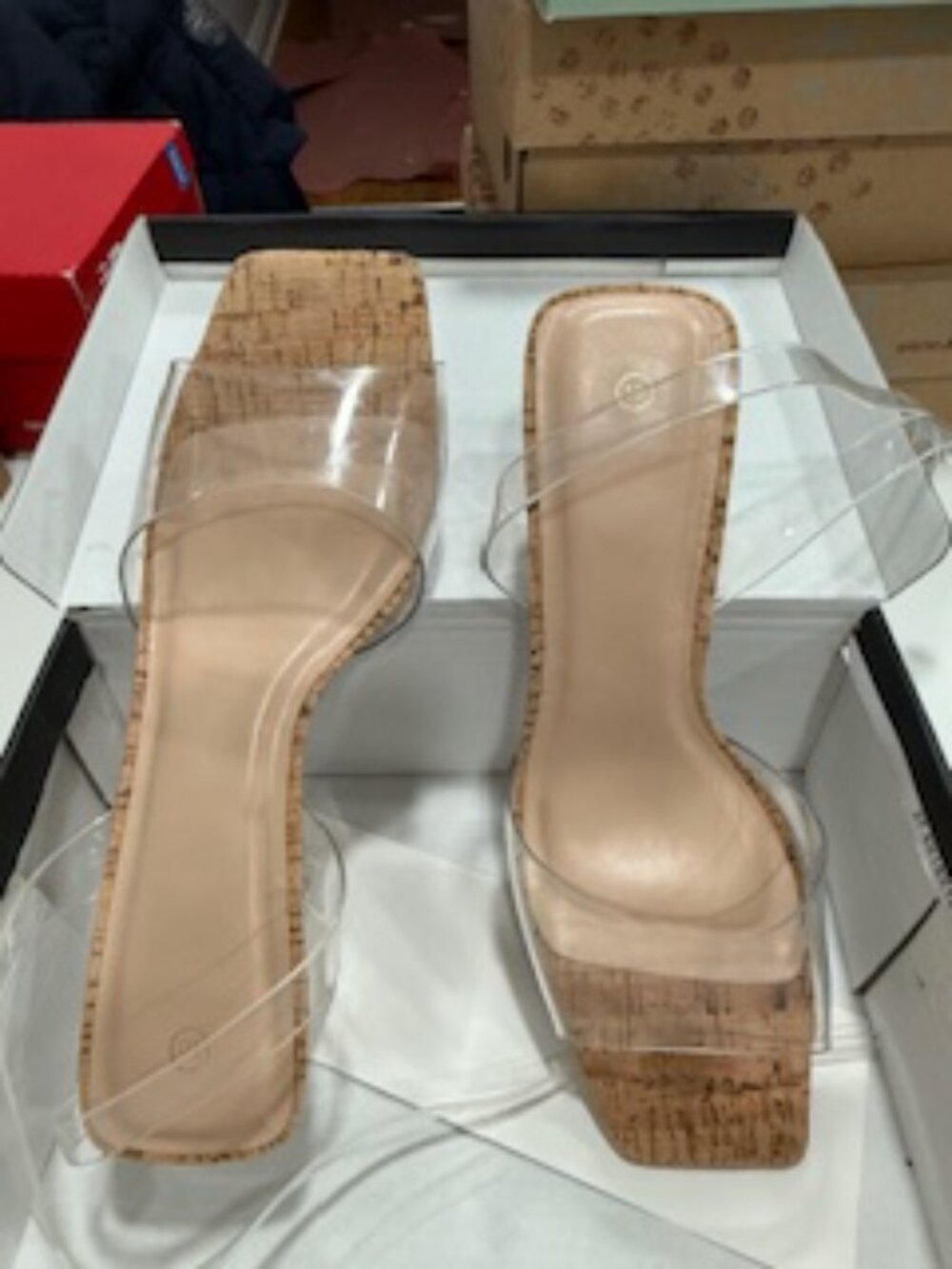 MySoft Womens Cork Natural/Clear Mid Block Heel Sandals